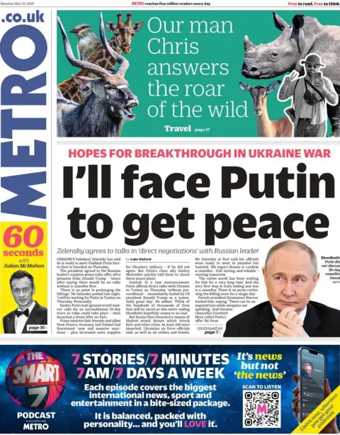 Metro front page on Monday 12 May 2025