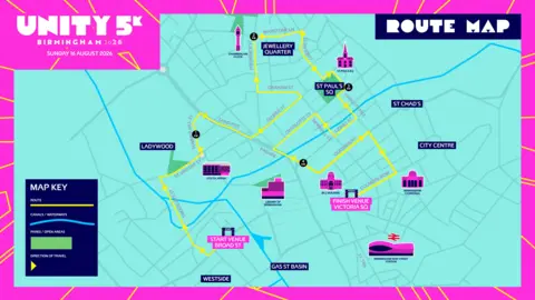 Birmingham 2026 A map showing the route of the Unity 5k in central Birmingham starting on Broad Street and finishing in Victoria Square