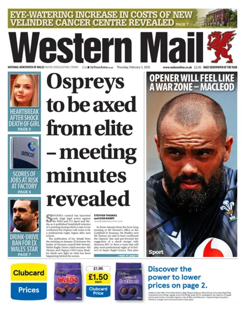 Western Mail The front page of the Western mail has a picture of a Macleod in a Wales black rugby jersey with a shaved head and long black beard. The main story has not picture just the headline Ospreys to be axed from elite meeting minutes revealed