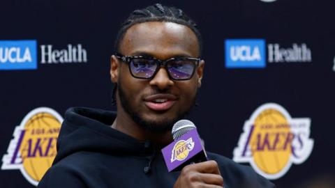 Bronny James speaking at his introductory Los Angeles Lakers media conference on Tuesday