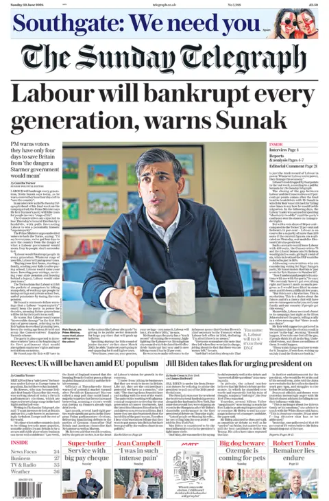 The headline in the Telegraph reads: "Labour will bankrupt every generation, warns Sunak". 