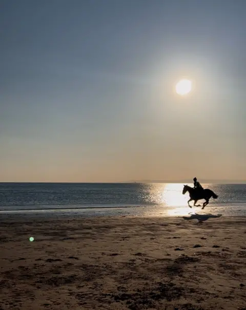 Fiona Taylor A horseback rider rides along the beach on a sunny day. Horse and rider are caught in the sun's rays
