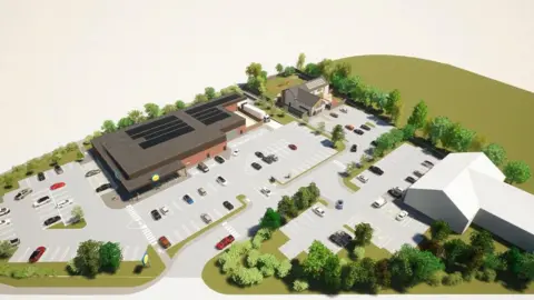 Lidl An overhead drawing shows the layout of a proposed supermarket and its car park.

