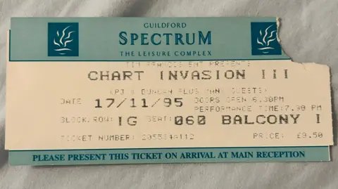 Kelly Madgwick A ticket for a concert called Chart Invasion III which has the Guildford Spectrum name and logo at the top, a date of 17th November 1995 and a start time of 19:30. It is priced at £9.50 and is a balcony ticket