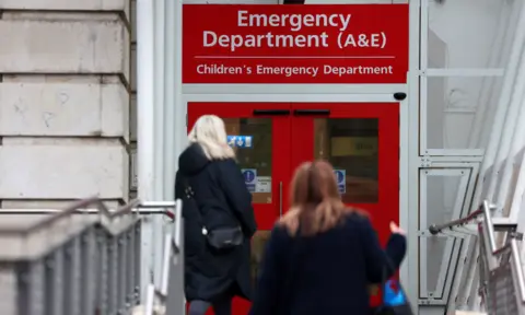 Patients arrive at the Accident and Emergency department (A&E) at a hospital in London, Britain, 08 January 2025.