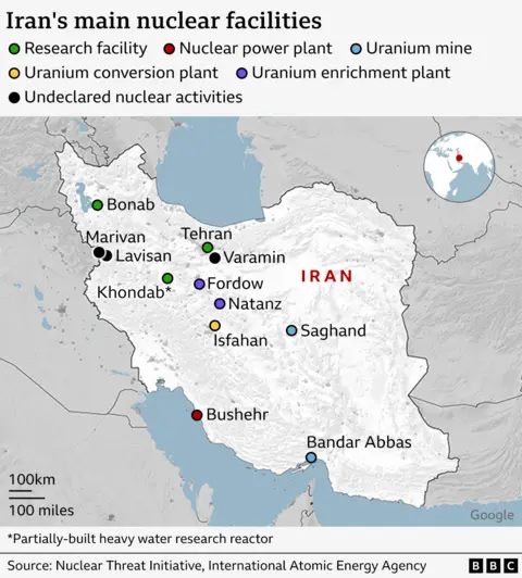 Map showing Iran's main nuclear facilities including two uranium enrichment plants at Natanz and Fordow in the centre of the country, three research facilities - including one in Tehran - and a power plant to the south of the country