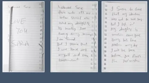 Surrey Police A handwritten note written by Urfan Sharif. It is across three pages.