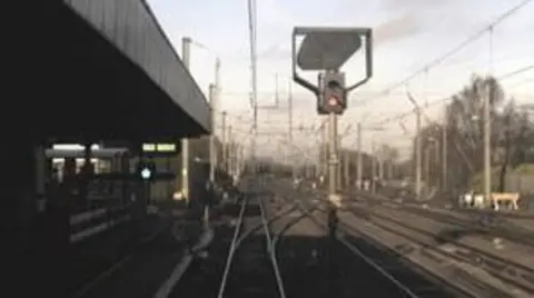 Great Northern CCTV taken from a train at a junction where the tracks diverge.