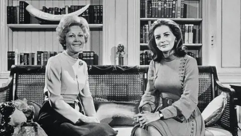 Bettmann/Getty Images First Lady Pat Nixon is interviewed by Barbara Walters in the Library of the White House. The interview is about Mrs. Nixon's recent trip to Liberia, Ghana and the Ivory Coast.