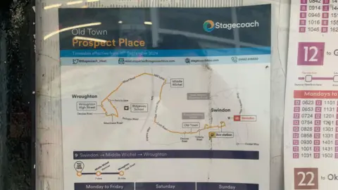 A bus timetable and map for the number 9 route in Swindon.