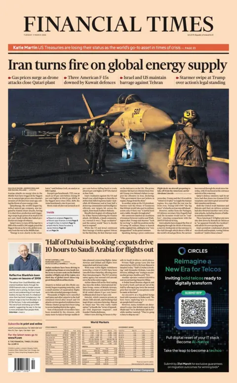 The headline on the front page of the Financial Times reads: “Iran turns fire on global energy supply”.