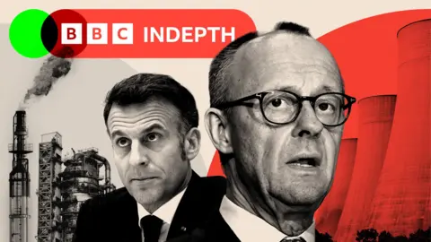 A montage image of French President Emmanuel Macron, German Chancellor Friedrich Merz and in the background a surface level view of a working coal power station in England and an oil refinery in Mumbai