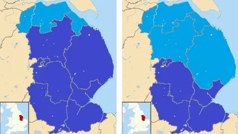 LDRS Map showing the two proposals to split the county in two. The northern half in both cases is in light blue with the southern part in dark blue.