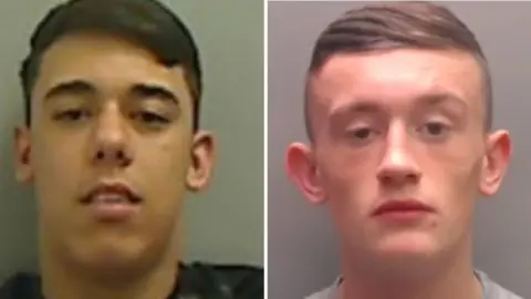 Mugshots of the pair. Ford is tanned with short dark hair. Wilson is paler with short dark hair and large ears protruding from his head.