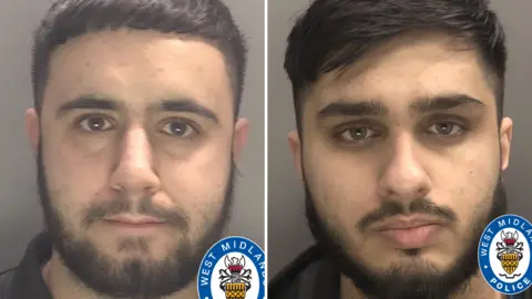 A composite police image of Mohammed Khan and Mohammed Haydar. Both have short dark hair, beards and moustaches.