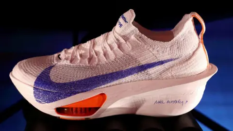The Nike Alphafly 3 running shoe is displayed during the launch in Paris, France.