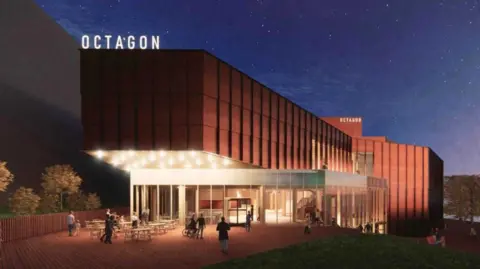 Somerset Council Artist's impression of an upgraded Octagon Theatre in Yeovil. It shows a large building, with a glass front. It has been lit up at night and looks red in colour. There are people walking outside and tables and chairs near the entrance. The word 'Octagon' is prominently displayed on the roof.