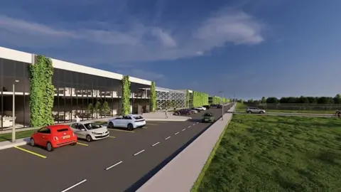 Artist impression of the data centre showing a two storey, glass fronted building with cars parked in front