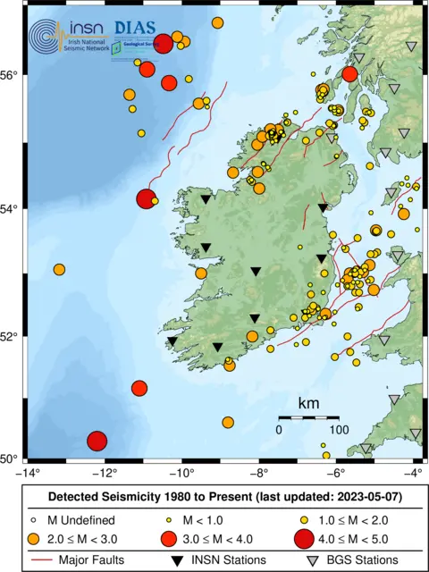 Irish National Seismic Network Ireland earthquake map