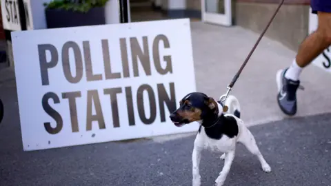 Photo shows a white, black and tan coloured Jack Russell puppy being walked next to a white sign that reads "polling station".