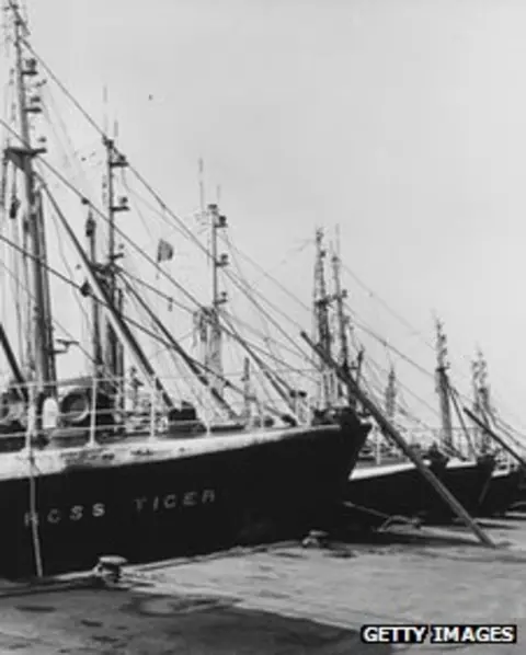 Getty Images A group of trawlers at Grimsby during the 1960s