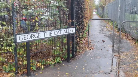 Beeston and District Civic Society A view of an alleyway off Technology Drive, with a street sign put in reading "GEORGE THE CAT ALLEY".