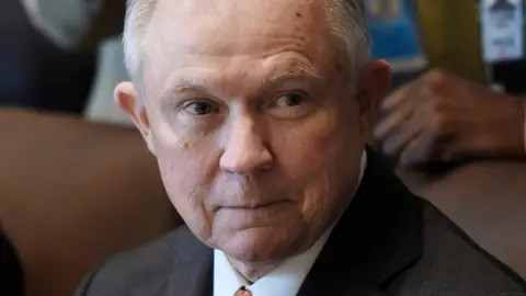 Getty Images Jeff Sessions pictured in cabinet room in White House, extreme close shot with him staring off camera