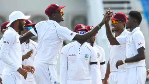 West Indies celebrate a wicket