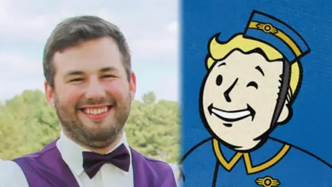 David Chapman/Bethesda Softworks A composite image. On the left is David Chapman, he is smiling. On the right is the mascot of the Fallout series, also smiling.