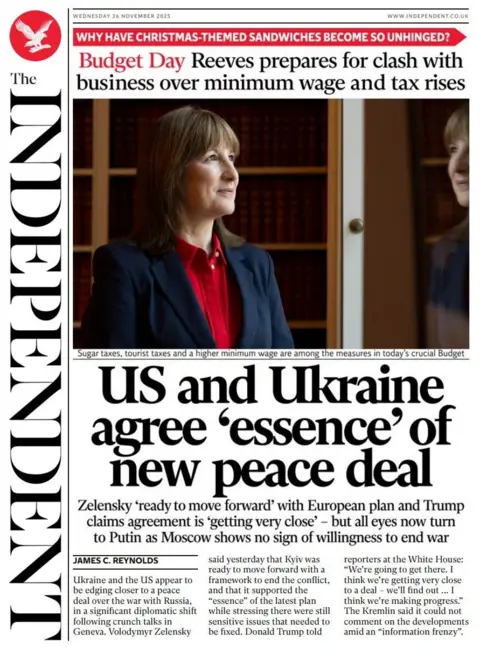 "US and Ukraine agree 'essence' of new peace deal," writes the Independent in its front page headline.