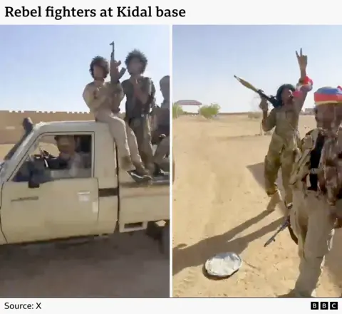 A composite image showing rebel fighters at Kidal base. One image shows fighters riding on a pick up truck holding rifles, while the other shows a fighter celebrating while carrying an RPG on his shoulder. 