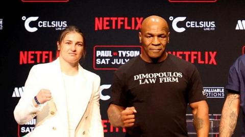 Katie Taylor and Mike Tyson at the pre-fight press conference in New York 