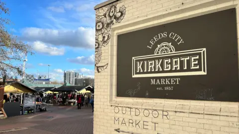 A sign for Kirkgate Market on a yellow-brick wall, with the market pictured to the left in the background. 