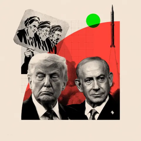 BBC A collage of Donald Trump and Benjamin Netanyahu. In the background, someone holds a sign and also a image of a missile launch is shown 