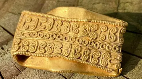 Dean Young A close-up of a the back of a flattened Anglo-Saxon ring, made of bright shining gold. It is covered in fine scroll work, made from tiny balls of gold. It is resting on a tree trunk.