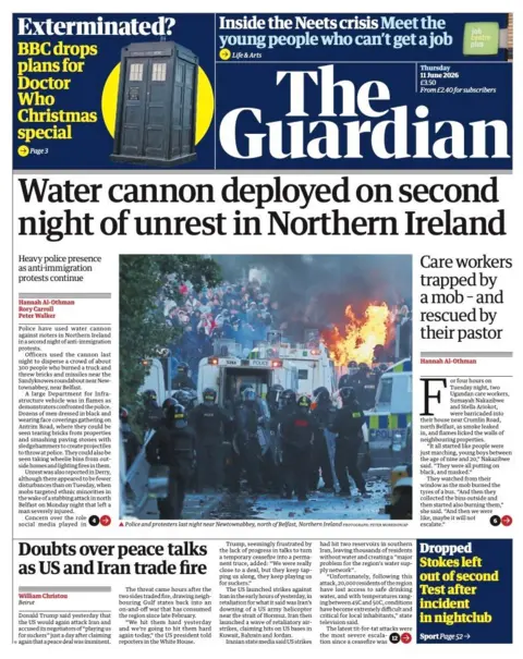 The headline on the front page of the Guardian reads: "Water cannon deployed on second night of unrest in Northern Ireland."