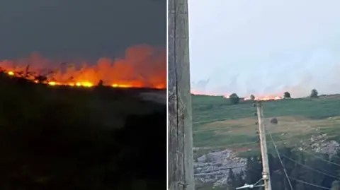 Composite image of fire with image on the left showing flames on a hill in the dark and image on the right showing fire in daylight across the top of a grassy hill