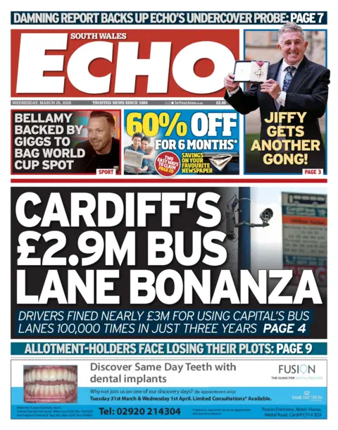 South Wales Echo Front page of the South Wales Echo. Headline: Cardiff's £2.9m bus lane bonanza, with a photo of a camera next to a bus stop sign. The sub headline: Drivers fined nearly £3m for using capital's bus lanes 100,000 times in just three years. Another headline reads: Jiffy gets another gong! It is accompanied by a photo of Jonathan Davies smiling as he holds his CBE medal.