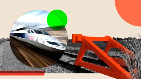 BBC Montage image showing a futuristic train heading towards buffers