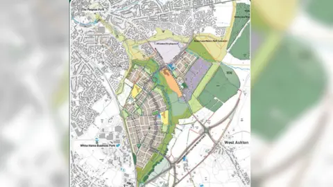 Ashton Park Trowbridge Ltd & Persimmon Homes Ltd A map of the Trowbridge and Ashton Park area, with the section for the development coloured in, different shades for different sections. 