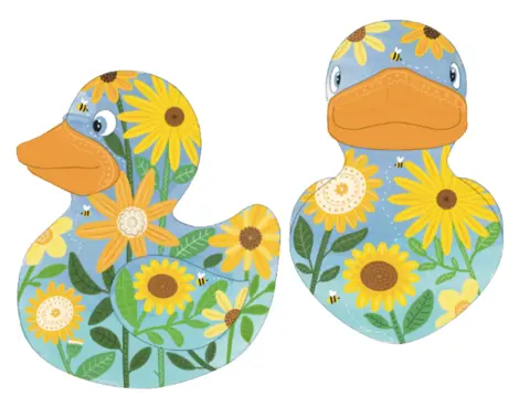 An artist's impression of a large duck statue, from a side and front view. This one is decorated with sunflowers and bees on a blue and green background.