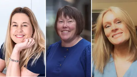 Contributed A composite image of three women. The first woman has long blonde hair and is resting her head in one hand as she smiles. She is wearing a dark navy T-shirt. The middle woman has dark short hair cut into a bob and is wearing a dark blue blouse. The third woman on the right has mid-length blonde hair and wears a light blue blouse.