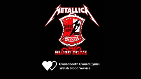 Welsh Blood Service A blood donation graphic and the words 'Blood Drive' underneath the Metallica logo.