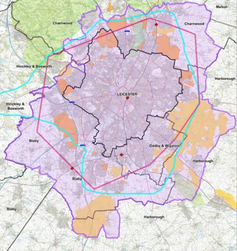 Leicester City Council A map of Leicester and its surrounding area shaded in different colours