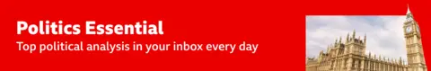 Thin, red banner promoting the Politics Essential newsletter with text saying, “Top political analysis in your inbox every day”. There is also an image of the Houses of Parliament.
