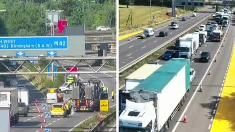 National Highways A composite image from traffic cameras. Long queues of traffic on the right and the police closure on the left, with a series of vehicles, signs and red and white cones directing traffic off the motorway on to a slip road