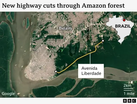 Imagem de satélite mostrando a localização da nova rodovia Avenida Liberdade, com inserção mostrando onde Belém está no Brasil.