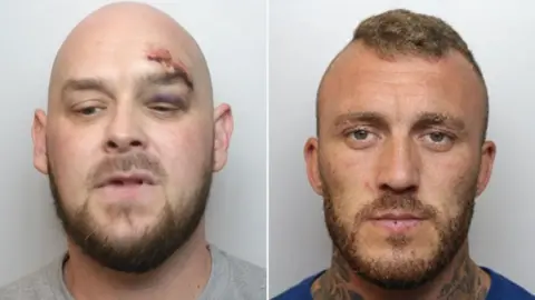 Lincolnshire Police Composite police mugshot of Simon Noble and Luke Saddington. Noble is bald with a beard and a bruised eye, while Saddington has a short beard, short brown hair and tattoos on his neck.