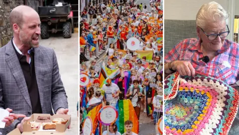 Three side-by-side images; on the left Prince William, a man with a short greying beard wearing a grey checked blazer holds out a cardboard box with a selection of cakes. In the middle, a crowd of people walk holding rainbow coloured flags and banners. On the right, an older lady with grey hair knits a colourful blanket.