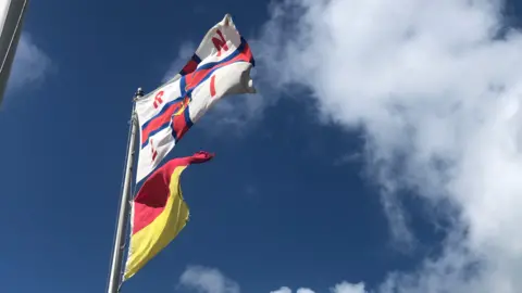 A red and white RNLI flag and a red and yellow flag are blowing in the wind. They are attached to a pole. The sky is blue with a few clouds.